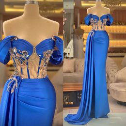 Side Evening Jurken Mermaid Royal Bluel Elegant Train Off Shoulder Prom Jurk Illusion Taille Glitter Pailletten Beads op maat gemaakte formele jurken voor vrouwen