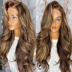 Perruque Lace Front Wig Remy péruvienne naturelle, cheveux humains, sans colle, 13x6, reflets bruns et blonds, Body Wave, frontal 360, pre-plucked