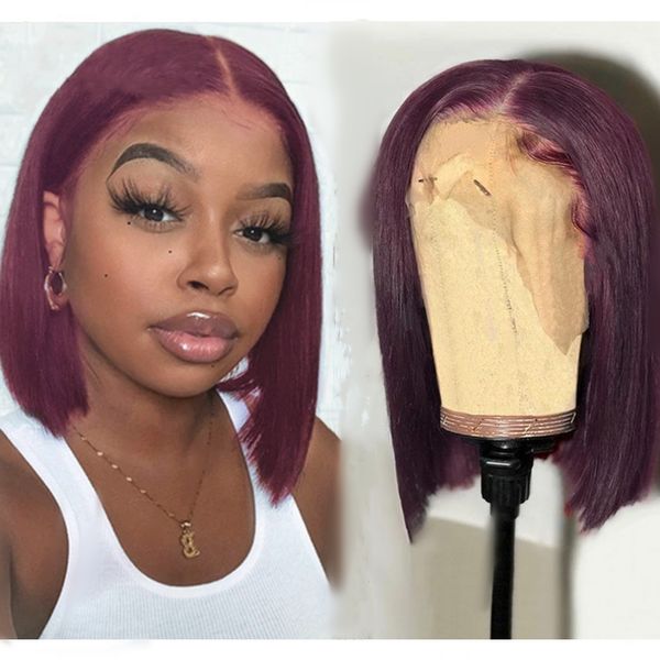 Partie latérale couleur bordeaux court Bob droite 13X1 fermeture à lacet perruques avec préplumé bébé cheveux synthétique perruque pour les femmes 180%