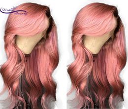 Perruque Lace Front Wig 360 naturelle longue ondulée avec frange, racines noires, rose ombré, perruque synthétique Lace Front Wig pour femmes, Cosplay4806463