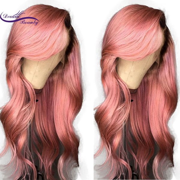 Parte lateral Natural Long Body Wave 360 peluca de encaje con flequillo raíces negras Ombre Pink peluca con malla frontal sintética para mujeres Cosplay