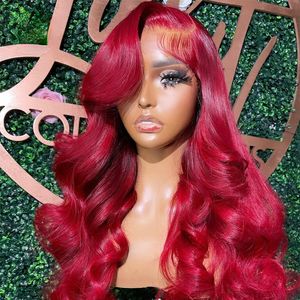 Parte lateral Cuerpo rojo Onda Frente de encaje Simulación Pelucas de cabello humano Borgoña / Blanco / Verde Color 13X4 Peluca frontal de encaje Pre arrancada para mujeres 180%