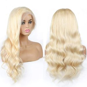 #613 Blonde zijden base volle kanten pruik menselijk haar 4x4 zijden top pruik body wave braziliaanse remy haar transparante kanten pruik voor vrouwen