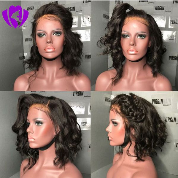Partie latérale perruques de cheveux courts synthétiques avec frange vague de corps noir/marron/blond/rouge couleur bob style perruque avant de lacet pour les femmes