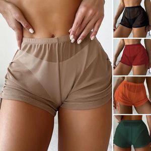 Side pull hoog getailleerde bikini shorts effen kleur elastische tailleband zwemstang knie boven dames strandshorts 240215