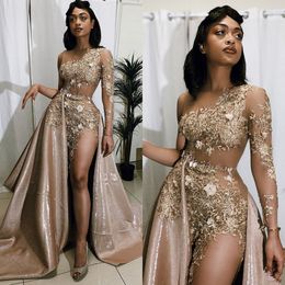 Zijsplit 2020 Galajurken Sexy Arabisch Goud Kant Kralen Lange Mouwen Avondkleding Feestjurk Robe De Soiree