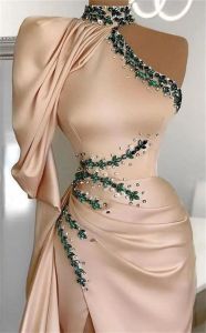 Side Split Champagne Mermaid Prom jurken kralen hoge nek lange mouw avondjurk feest tweede receptie jurken