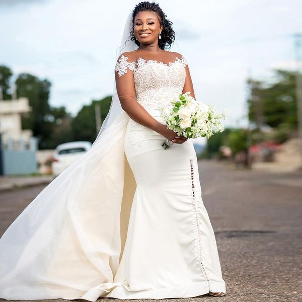 Robes de mariée sirène fendues sur le côté, robes de mariée transparentes à manches longues avec traîne détachable en Satin, vêtements de première danse de campagne, 2021