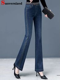 Zijstreep hoge taille magere flare jeans vrouw Koreaanse stretch denim broek groot formaat 4xl streetwear enkellange Kot Pantolon 240315