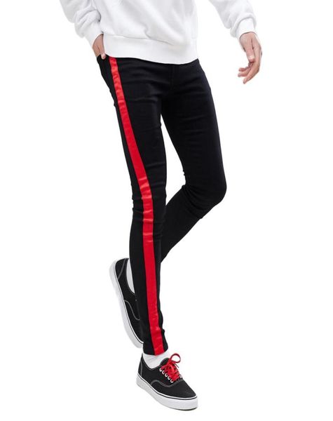 Raya lateral Rojo Blanco Hombres Jeans Skinny Stretch Negro Slim Fit Pantalones Tapered Legging Lápiz Biker Comfy1654295