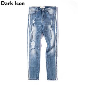 Jeans déchirés à rayures latérales hommes pleine longueur mode haute rue denim pantalons hommes pantalons détruits 210603