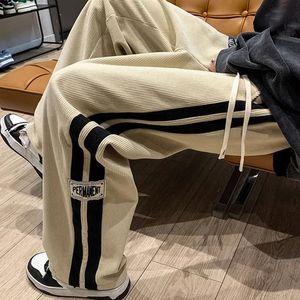 Pantalon large en velours côtelé à rayures latérales pour hommes, mode coréenne Hip Hop Cargo, ample, décontracté, droit, sport, course en plein air, 240226