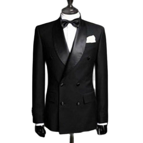 Côté Vent Double Boutonnage Noir Groom Tuxedos Hommes Vêtements De Mariage Real Po Col Châle 2 Pièces Prom Costume D'affaires Veste Pant290c