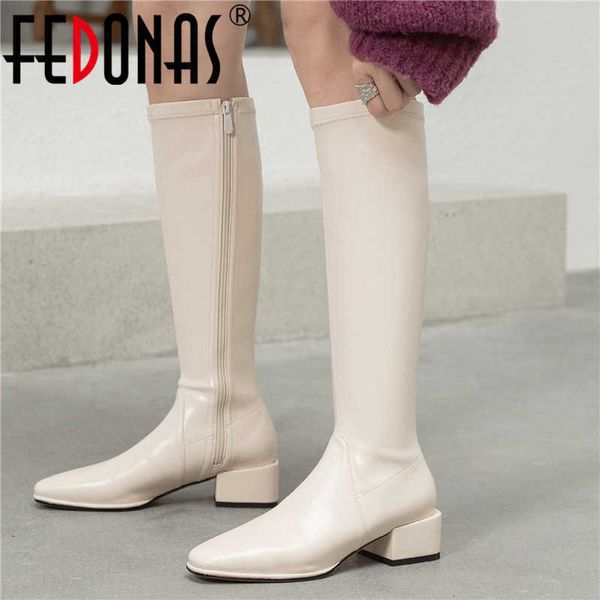 Bottes hautes au genou à fermeture éclair latérale pour femmes veau large hiver est chaussures en cuir véritable femme travaillant serré 210528