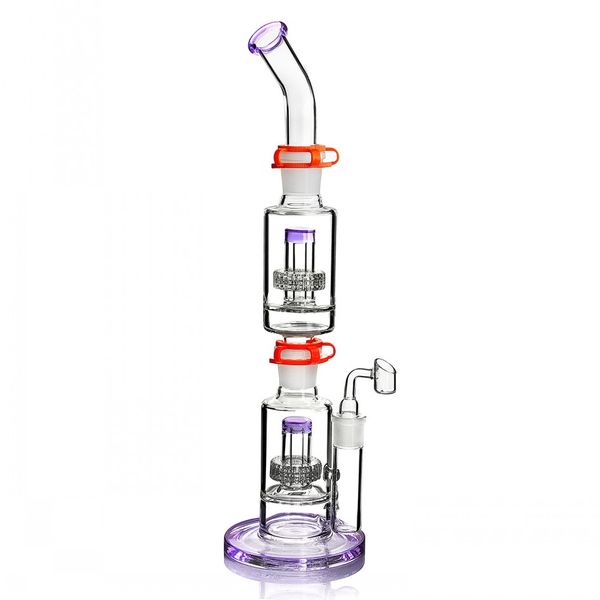 Double bras arbre Perc verre Bong narguilés trois parties amovibles Bongs avec conduites d'eau en bas de la tige plate-forme pétrolière