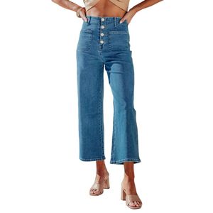 Vêtements pour dames sideer larges hautes hautes et jambe droite élastique jeans pantalon en denim en vrac avec des poches mincernes pantalon