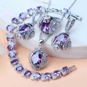 Sier 925 ensembles de bijoux de mariée femmes mariage violet zircon cubique bijoux fantaisie Bracelet anneau boucles d'oreilles pendentif collier ensemble
