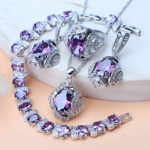 Sier 925 Bruids Sieraden Sets Vrouwen Bruiloft Paars Zirconia Kostuum Sieraden Armband Ring Oorbellen Hanger Ketting Set