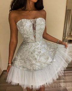 Sier a-line afstudeerjurk lieverd lovertjes kant kort mini homecoming feest formele staart prom bruidsmeisje jurken jurken zj415 407