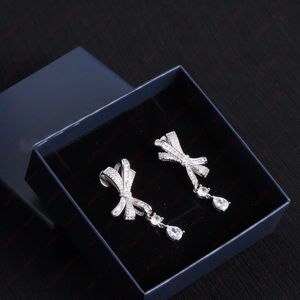 Sier Fashion Bow Embed Boucles d'oreilles pendantes en cristal de zircon, support d'oreille personnalisé, mariage, mariée, Saint-Valentin, Noël, cadeaux