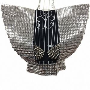 Sier / Gold Rivet Fly Gilet d'épaule Chanteur Danseur Costume de scène Punk Party Rave Outfit Discothèque Gogo Pole Dance Vêtements VDB5943 J7ht #