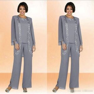 Sier Gray Chiffon Moeder van de bruid broek Pakken borduurmensen dames formele avondkleding op maat gemaakte plus size bruiloft gastenjurk