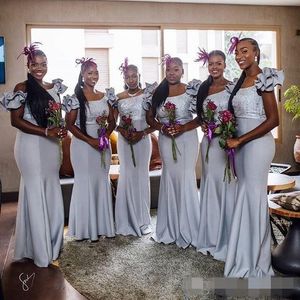 Sier gris robes de demoiselle d'honneur africaines sirène une bretelles volants paillettes grande taille demoiselle d'honneur robe pays tenue de fête de mariage