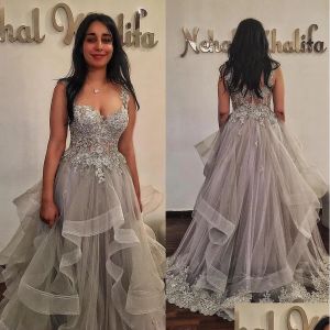 Sier Gray Prom 2023 Vestidos Apliques de encaje Correas Con cuentas Tul con gradas Vestidos de fiesta de noche fruncidos por encargo Vestidos Formal Ocn Wear Tallas grandes