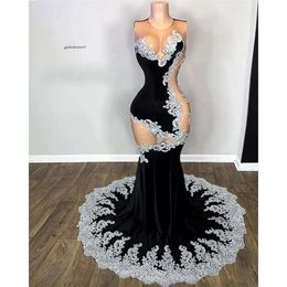 Sier Lace Appliques Veet Mermaid Prom Dresses Sheer Mesh Top O Nek Sexy verjaardagsjurk Black Girl Vestidos Avond