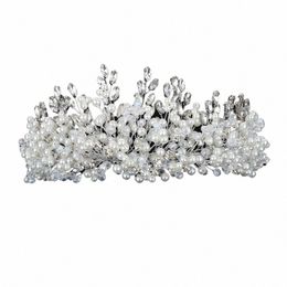 Sier Luxe Rhineste Couronne De Mariée À La Mode Perle Cristal Diamds De Mariage Bandeau Accessoires De Cheveux Or À La Main Casque E5UT #