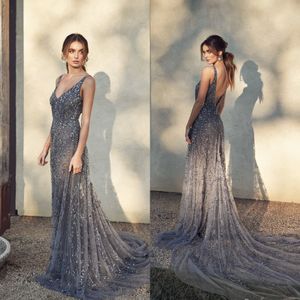 Sier Mermaid Berta Prom Dresses Dubai Arabisch Kant Geappliceerd Kralen V-hals Avondjurken Tule Lange Formele Pageant Jurk