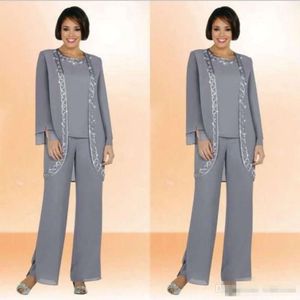 Sier Mother the of Gray 2018 Chiffon Bride Pants Suits Borduurmen Dames Formele avondkleding op maat gemaakte plus size bruiloft Guestjurk