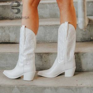 Sier wees bonjomarisa knie cowboy metallic high teen booots voor dames 2022 merkontwerper mode western laarzen schoenen t230824 57