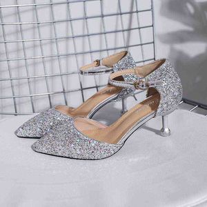 Sier Pumps Hoge Hakken Vrouwen Trouwschoenen voor Bruid Party Schoenen Bling Pumps Dames Schoenen Puntschoen Teen Stiletto Hakken Gold G220425