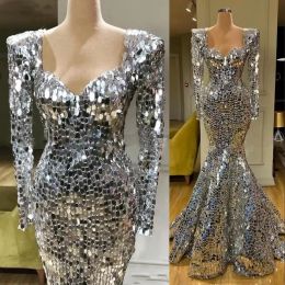 Sier Sparkly Pailletten Zeemeermin Jurken Mouwen Arabische Avondjurk Dubai Lange Elegante Vrouwen Formele Partij Galajurken CG