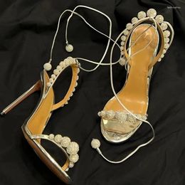 Sier Sandals Sandals Ball Rhingestone Stiletto Woman Summer Lace Up Open Toe Hollow High Heel Chaussures pour les femmes Banquet de fête