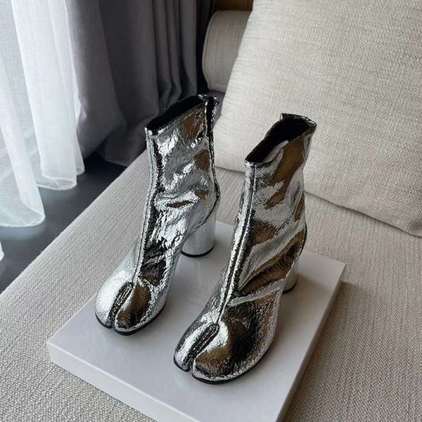 Sier Tabi Split Toe Botas de tacón alto grueso Zapatos de cuero moda Otoño Mujer Zapatos Botas Mujer