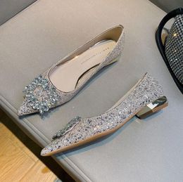 Sier Top Wedding Bride Grade Crystal Bridesmeisje Dames Loafers Chunk Heel Rhinestone Fashion Brand Single Shoes Plus Size Smaid