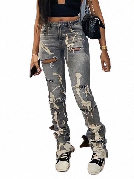 Sifreyr Fi Cott Hole Jeans Femmes Y2K Pantalon empilé Casual Chic Imprimé Ripped Denim Skinny Pantalon Gris Élastique Slim Jeans 61uJ #