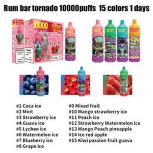 Sigarette Disposable Vape Originele Rum Bar 10000 Puffs 650 MAH 20 ML VAPES WEGELIJKSBOBE PLUK LECTRONIKKEN JAILEN RANDM Tornado Razz Bar Authorized 15 Flavours