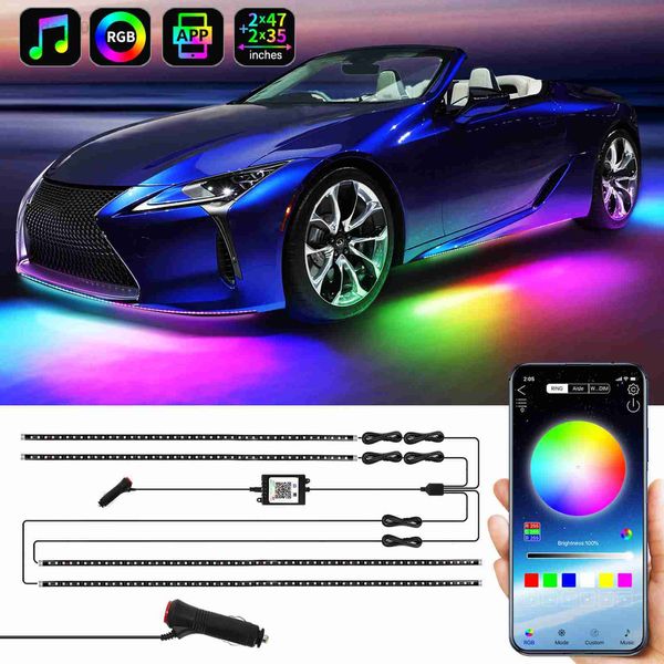 Señal 4 Estilo 12V Color que fluye RGB Tira de LED debajo del coche 90 * 120 Tubo Sistema de debajo del cuerpo Luz de neón BT App Control HKD230706