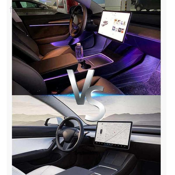 Letrero Nuevo Tesla Modelo 3 Y Interior RGB Luces ambientales de neón Consola central del automóvil Tablero de instrumentos Iluminación del pozo de los pies Control de la aplicación Tira de luces LED HKD230706