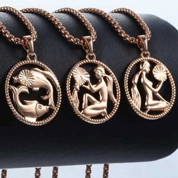 Signo del zodiaco 12 collar con colgante de constelación para Mujeres Hombres 585 oro rosa para mujer collar para hombre cadena regalo joyería de moda GPM21298V