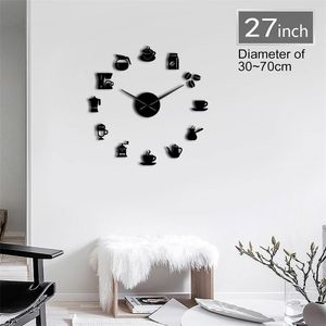 Signes 3D DIY Taille réglable Mur Design moderne Cuisine Montre Quartz Acrylique Miroir Autocollant Café Grain Horloge 201212