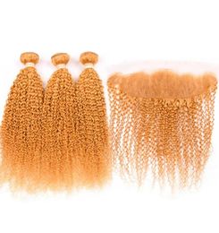 Silanda Hair Pure oranje gekleurde kinky krullende remy menselijk haar wevende bundels 3 weefsels met 13x4 kanten frontale sluiting 3942989