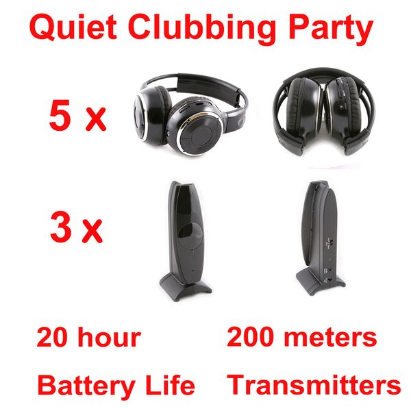 Silent Disco concurrence système casque sans fil pliable noir - Quiet Clubbing Party Bundle avec 5 récepteurs pliables 3 émetteurs 200 m de portée