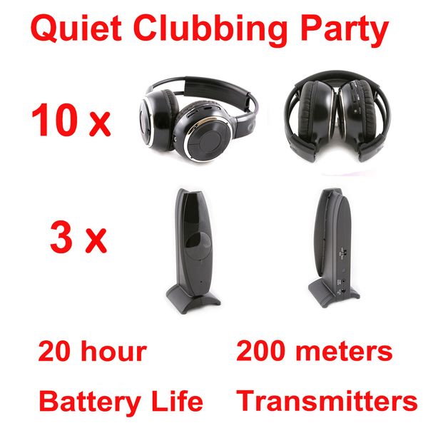 Silent Disco concurrence système casque sans fil pliable noir - Quiet Clubbing Party Bundle comprenant 10 récepteurs pliables et 3 émetteurs 200 m de distance