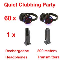 200m Silent Disco compleet systeem zwarte led draadloze hoofdtelefoon - Quiet Clubbing Party Bundel Inclusief 60 ontvangers en 1 zender