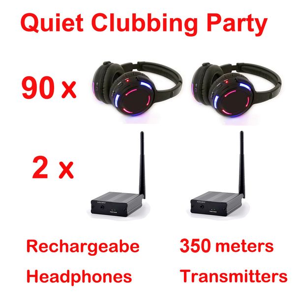 Silent Disco Système complet d'écouteurs sans fil à LED noires - Ensemble Quiet Clubbing Party avec 90 casques et 2 émetteurs jusqu'à 500 m de distance