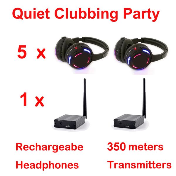 Système disco silencieux à 500 m de distance avec casque sans fil à lumière LED clignotante - Pack de soirée clubbing silencieux avec 5 écouteurs et 1 émetteur